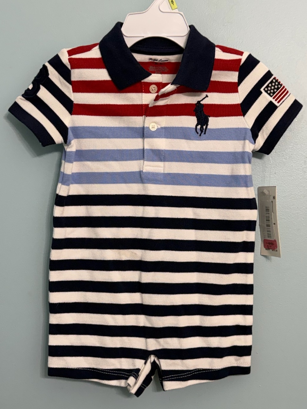 Ralph Lauren Infant Boys 9 Mo Striped Cotton Polo Shortall Romper